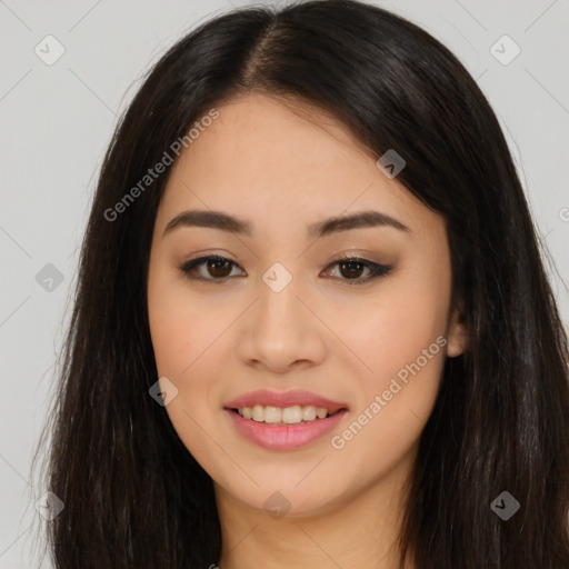 Joyful asian young-adult female with long  brown hair and brown eyes