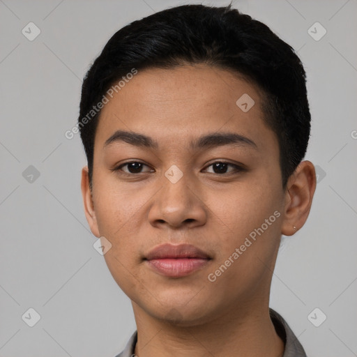 Joyful latino young-adult female with short  black hair and brown eyes