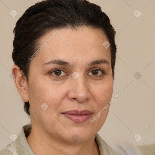 Joyful white adult female with short  brown hair and brown eyes