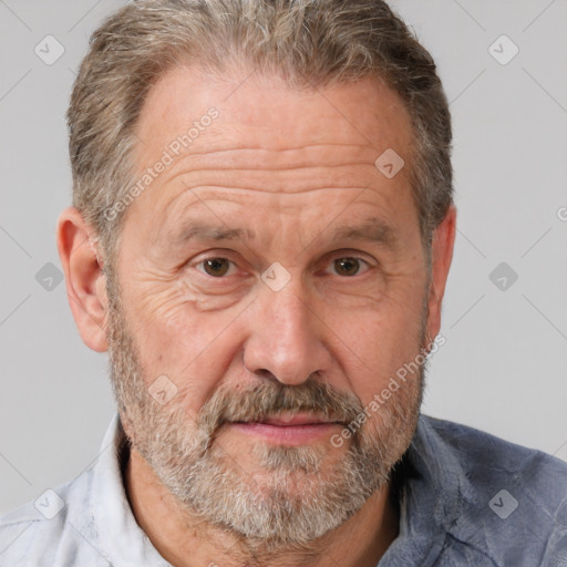 Neutral white middle-aged male with short  gray hair and brown eyes