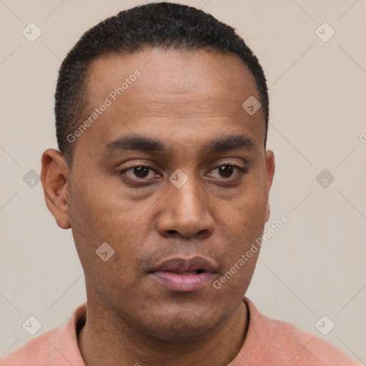 Neutral latino young-adult male with short  black hair and brown eyes