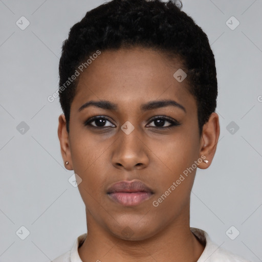 Neutral black young-adult female with short  black hair and brown eyes