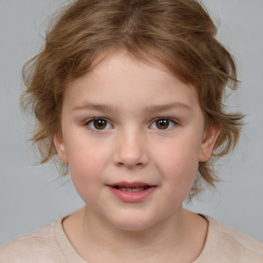 Joyful white child female with medium  brown hair and brown eyes