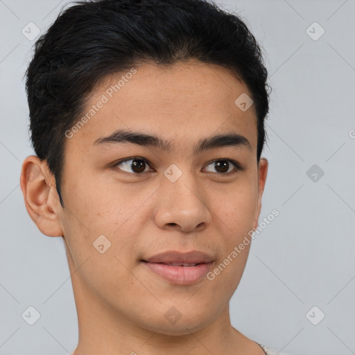 Joyful latino young-adult male with short  brown hair and brown eyes