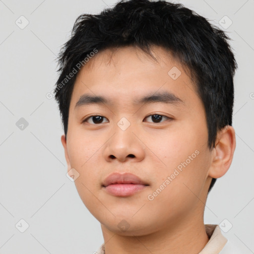 Neutral asian young-adult male with short  black hair and brown eyes