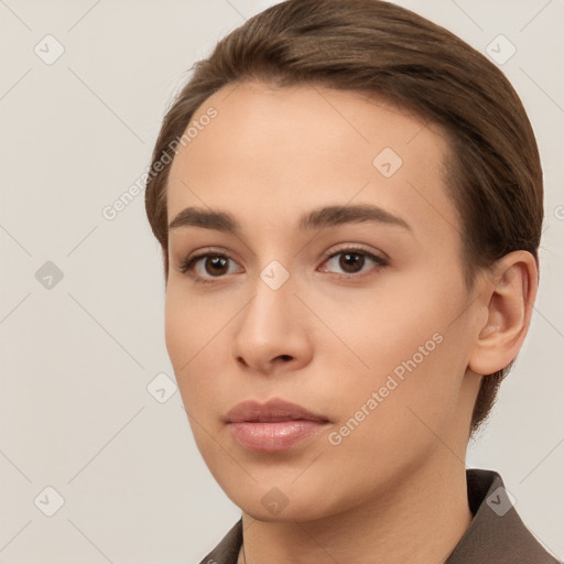 Neutral white young-adult female with short  brown hair and brown eyes