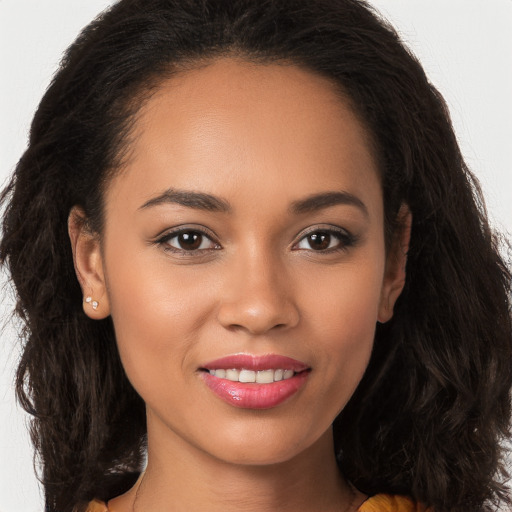 Joyful white young-adult female with long  brown hair and brown eyes