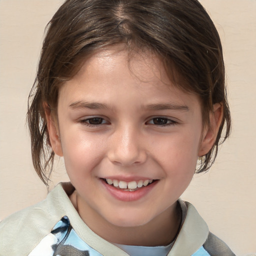 Joyful white child female with medium  brown hair and brown eyes