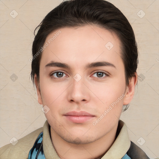 Neutral white young-adult male with short  brown hair and brown eyes