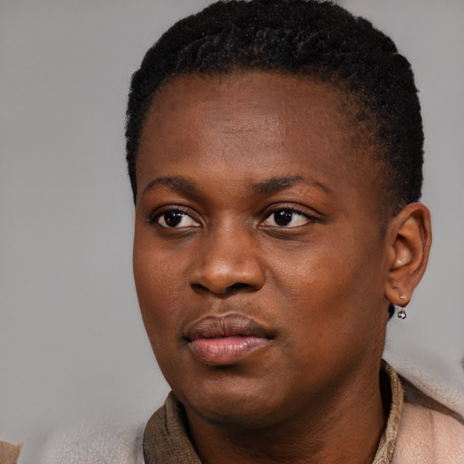 Joyful black young-adult female with short  black hair and brown eyes