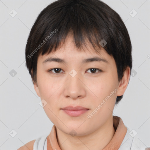 Neutral asian young-adult female with short  brown hair and brown eyes