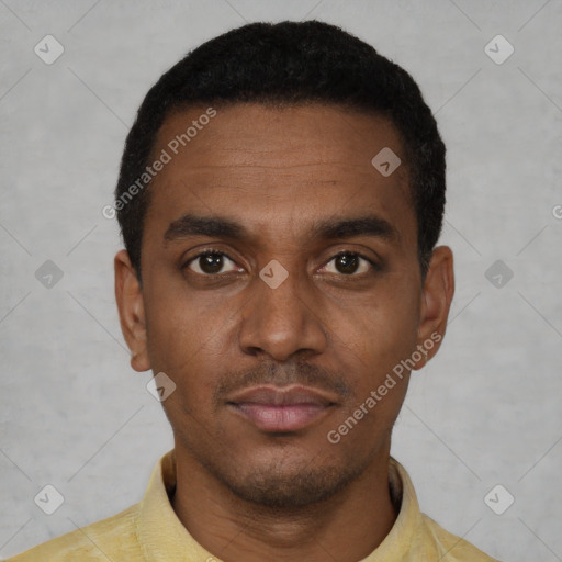 Neutral latino young-adult male with short  black hair and brown eyes