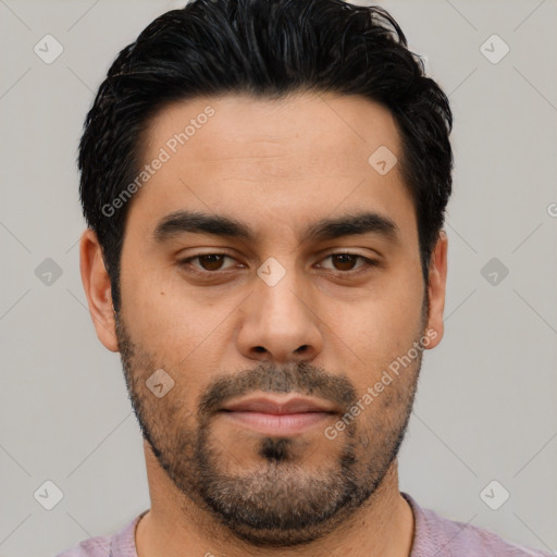 Neutral asian young-adult male with short  black hair and brown eyes