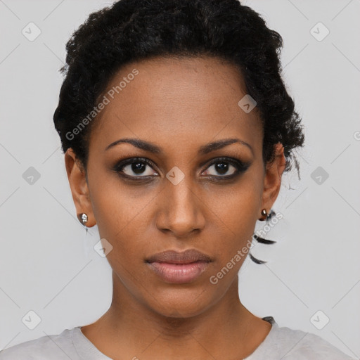 Neutral black young-adult female with short  black hair and brown eyes