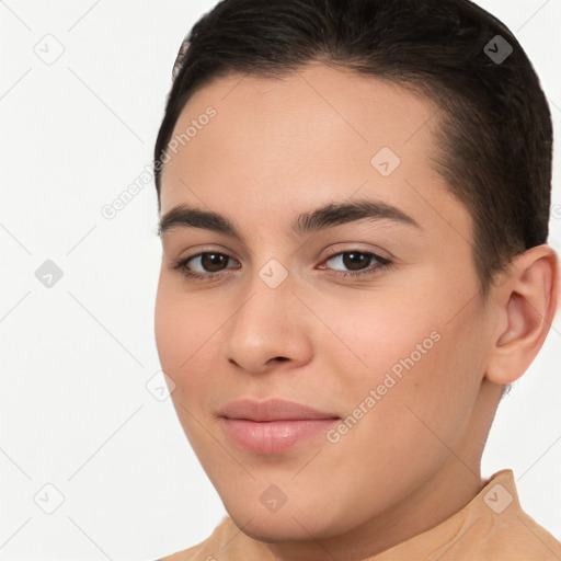 Joyful white young-adult female with short  brown hair and brown eyes