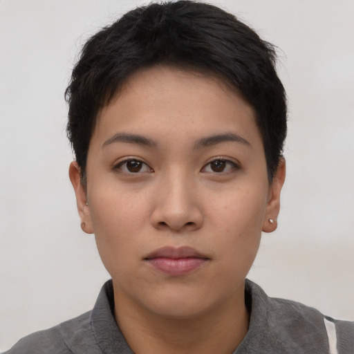 Neutral asian young-adult female with short  brown hair and brown eyes