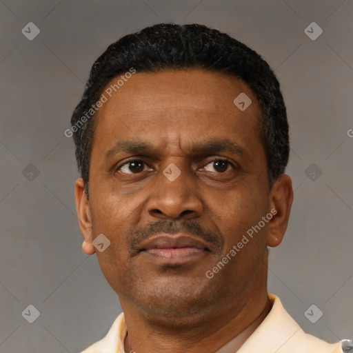 Neutral latino adult male with short  black hair and brown eyes