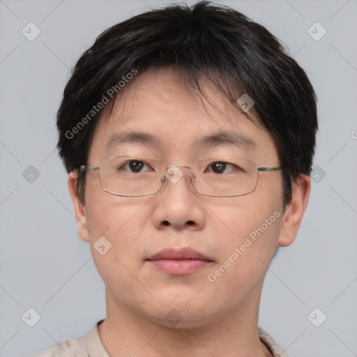 Neutral asian adult male with short  brown hair and brown eyes