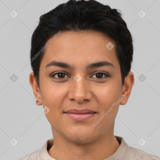 Joyful latino young-adult female with short  black hair and brown eyes