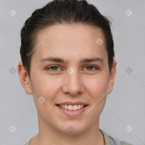 Joyful white young-adult female with short  brown hair and brown eyes