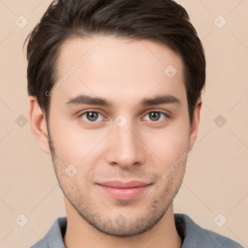 Neutral white young-adult male with short  brown hair and brown eyes