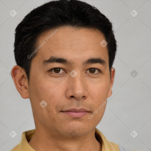 Neutral asian young-adult male with short  brown hair and brown eyes