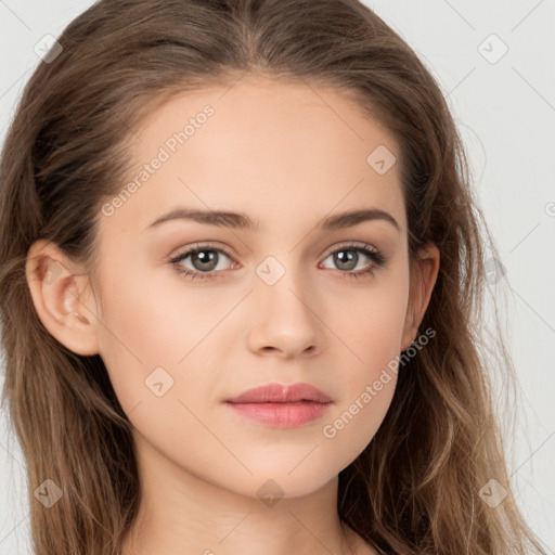 Neutral white young-adult female with long  brown hair and brown eyes