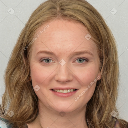 Joyful white young-adult female with medium  brown hair and green eyes