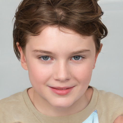 Joyful white child female with short  brown hair and grey eyes