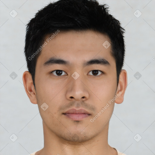 Neutral asian young-adult male with short  black hair and brown eyes