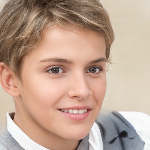 Joyful white child female with short  brown hair and brown eyes