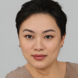 Joyful asian young-adult female with short  black hair and brown eyes