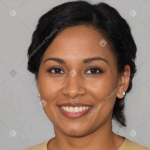 Joyful latino young-adult female with medium  black hair and brown eyes