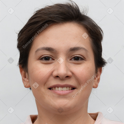 Joyful white young-adult female with short  brown hair and brown eyes