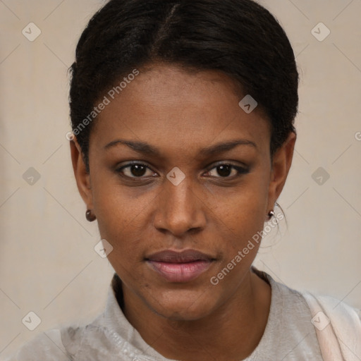 Neutral black young-adult female with short  black hair and brown eyes