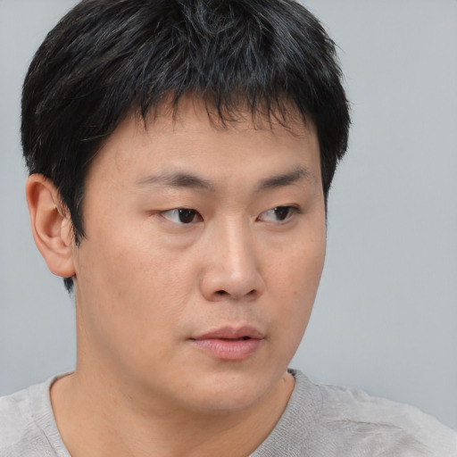 Neutral asian young-adult male with short  brown hair and brown eyes