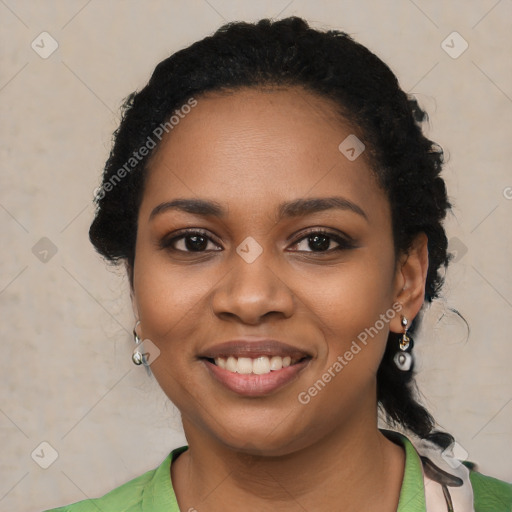 Joyful latino young-adult female with long  black hair and brown eyes