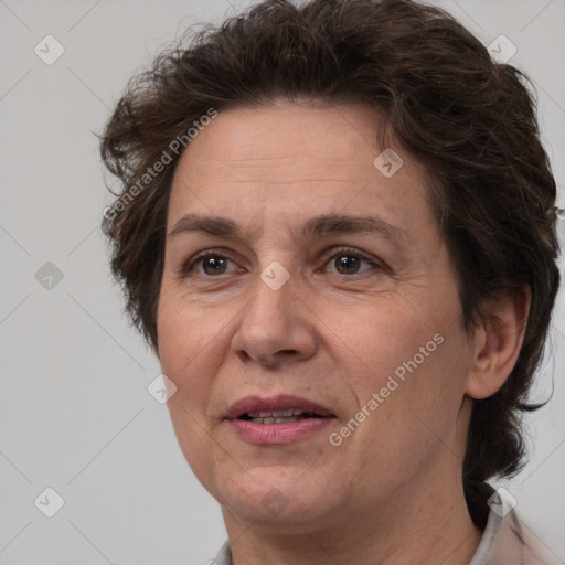 Joyful white adult female with short  brown hair and brown eyes