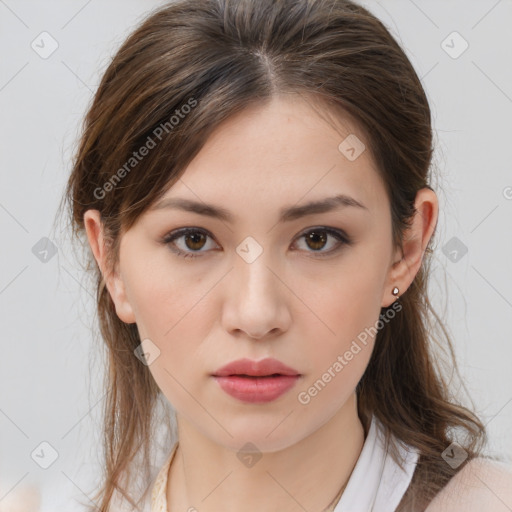 Neutral white young-adult female with medium  brown hair and brown eyes