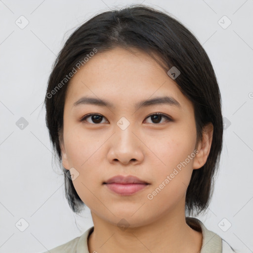 Neutral asian young-adult female with medium  black hair and brown eyes