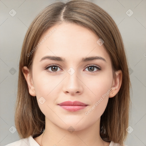 Neutral white young-adult female with medium  brown hair and brown eyes