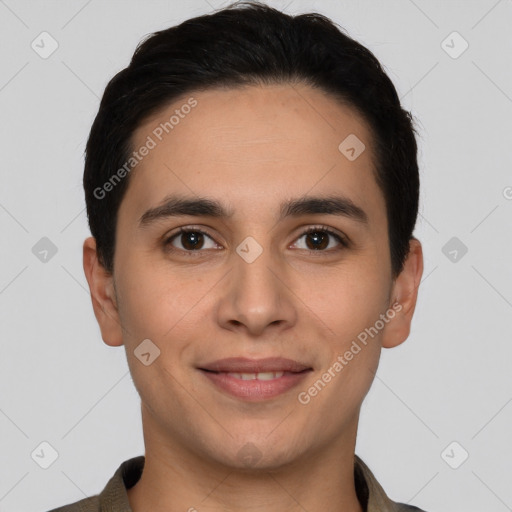 Joyful white young-adult male with short  brown hair and brown eyes