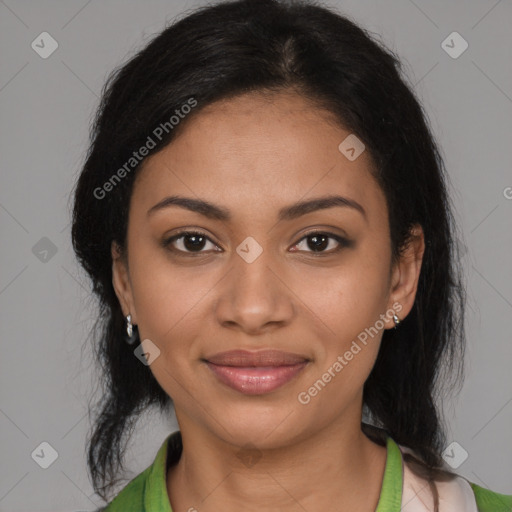 Joyful black young-adult female with medium  brown hair and brown eyes