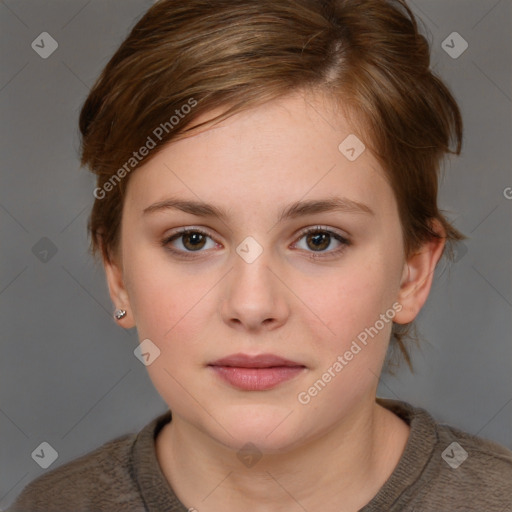 Neutral white young-adult female with medium  brown hair and brown eyes