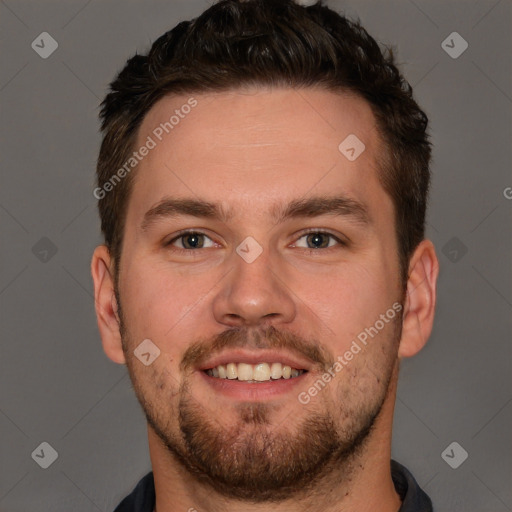 Joyful white young-adult male with short  brown hair and brown eyes