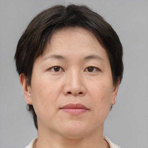 Joyful asian adult female with short  brown hair and brown eyes