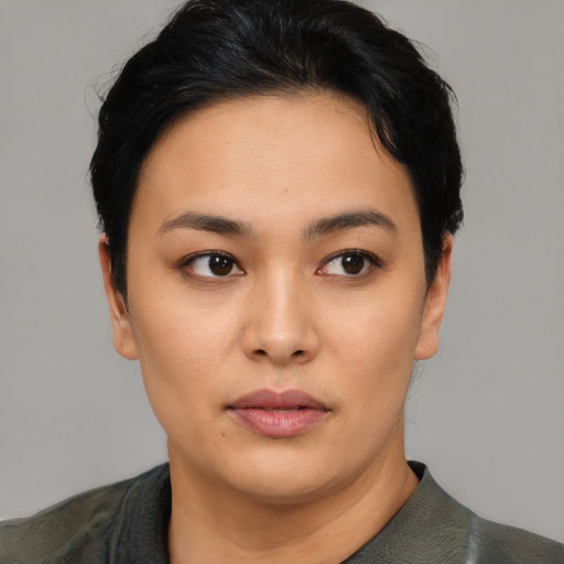 Neutral asian young-adult female with short  black hair and brown eyes