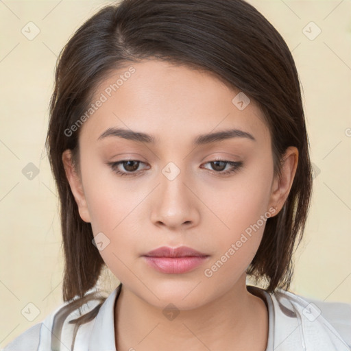 Neutral white young-adult female with medium  brown hair and brown eyes