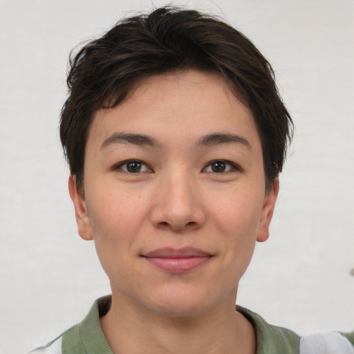 Joyful asian young-adult female with short  brown hair and brown eyes