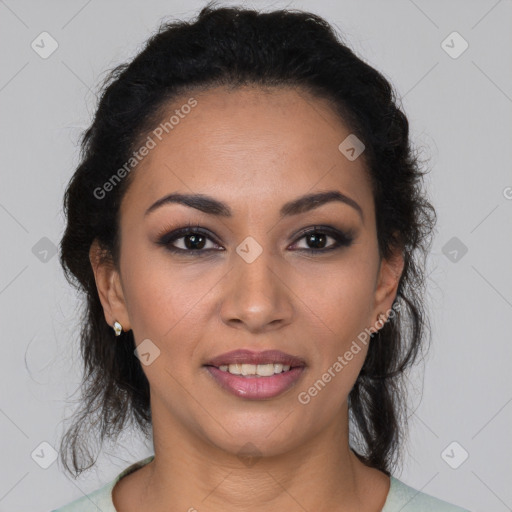 Joyful latino young-adult female with long  brown hair and brown eyes